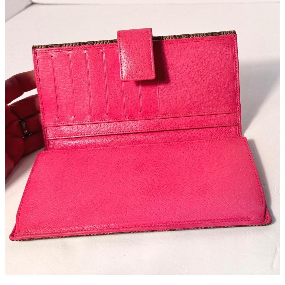 Gucci Eclipse long wallet tri fold w/ gold snap close brown canvas & pinkleather - Picture 4 of 14